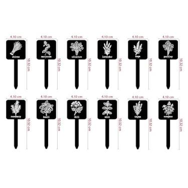 Imagem de AnyDesign 24 placas de etiquetas de plantas de ervas, 12 estilos, marcadores de ervas para jardim, à prova d'água, preto, acrílico, quadrados, etiquetas de estaca de plantas com nomes para berçário