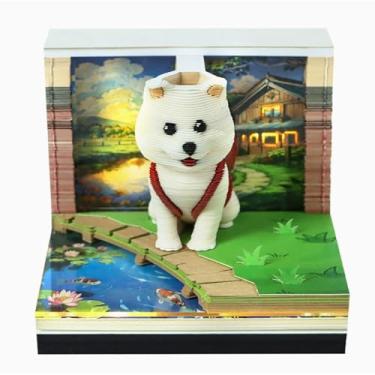 Imagem de Dpofirs Calendário 3D 2026, Calendário de Peça de Tempo de Bloco de Notas 3D, Carrossel de Escultura de Papel Criativo de Cachorro Fofo Rasgando Notas de Com Luz