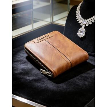 Imagem de Carteira masculina casual de couro curta com zíper, porta-cartões e dinheiro (marrom claro)