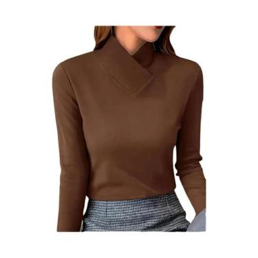 Imagem de Camiseta feminina casual de manga comprida e gola alta outono/inverno 