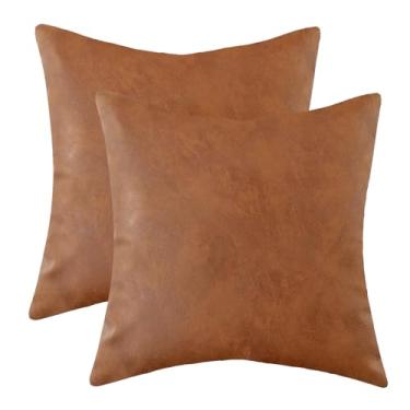 Imagem de Vfuty Set of 2 Thick Cognac Brown Modern Faux Leather Throw Pillow Covers 20 x 20 inches Solid Decorative Cushion Covers Farmhouse Decor Pillow Case for Couch Sofa Bedroom Living Room, Cognac Brown
