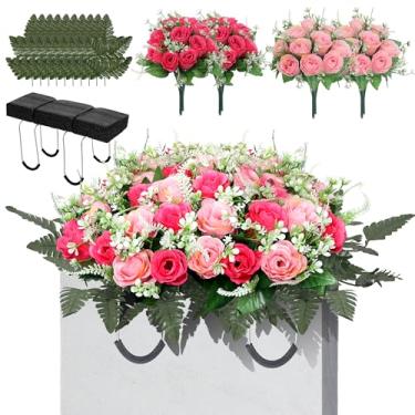 Imagem de Lodou Selas de flores artificiais de cemitério para túmulos – 10 peças de samambaia de seda e 40 flores rosas realistas com suporte de lápide de metal – Flores de memorial resistentes para decoração