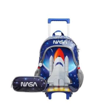 Imagem de Kit Mochila de Rodinhas e Estojo Escolar Maculino Foguete Nasa Azul Es