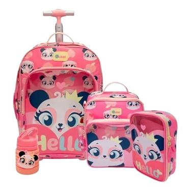 Imagem de Puket - Kit Panda Romântico: Mochila C/Rodinha Grande +estojo+ Lancheira+garrafa retrátil Panda Romântico - Puket