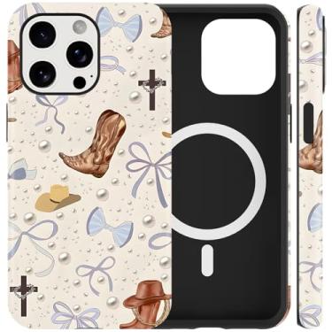 Imagem de FBHGLOA Capa para iPhone 16 Pro de 6,3 polegadas Vintage Western Cowgirl, compatível com MagSafe, Wild West Country Bow Boots Pearl Design Capa magnética dupla à prova de choque para mulheres e