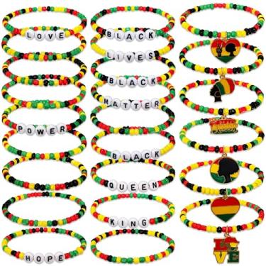 Imagem de KOOMEKI Kit de pulseiras de contas do mês da história negra, pulseiras DIY de história negra, pulseira de contas para celebrar a festa de aniversário da amizade, conjunto de 24 pacotes