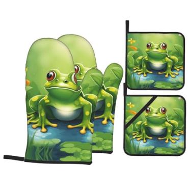 Imagem de Luvas de cozinha resistentes ao calor e suporte de panela com estampa de sapo de desenho animado, luvas de forno confortáveis para cozinhar