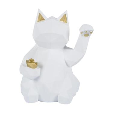 Imagem de Ｂｅｓｇａ Estatueta de resina de gato da sorte Feng Shui, com braço acenando, estilo desenho animado, escultura criativa para mesas e sala de estar, Branco