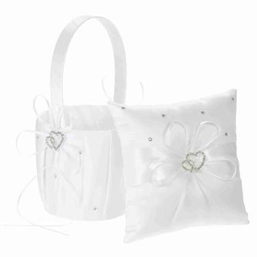 Imagem de Cuofyunl 6 * 6 polegadas duplo coração cetim anel portador travesseiro e cesta de flor de casamento conjunto com fita de strass decoração branca (Branca)