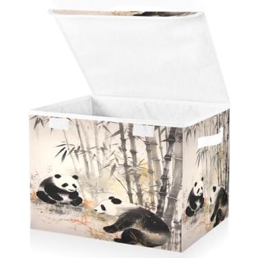 Imagem de Blueangle Cestos de armazenamento de bambu panda chinês com tampas, 42 x 32 x 30 cm, grande cesta organizadora dobrável para decoração de escritório e armário (260)