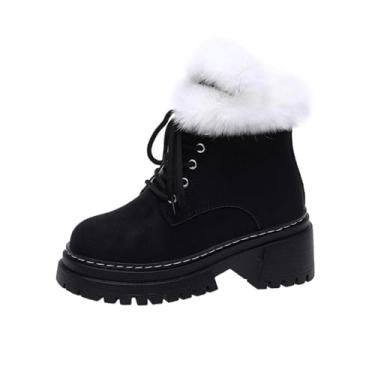 Imagem de Botas curtas femininas casuais quentes de inverno com cadarço frontal salto grosso bico redondo estilo salto médio tornozelo, Preto, 35