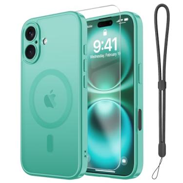 Imagem de Janmitta Capa magnética para iPhone 16, com protetor de tela, compatível com MagSafe, proteção de câmera, proteção contra quedas de grau militar, capa de telefone fosca translúcida fina, turquesa