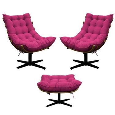 Imagem de Kit 02 Poltronas e Puff Costela Base Giratória Suede - Doce Sonho Móve