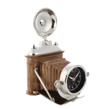 Imagem de HUB.ME - Relógio com Câmera Fotográfica Decorativa em Metal e Madeira, Cor Natural, Tamanho 24x21x36cm, Cromus.