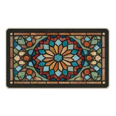 Imagem de Livcoz Tapete de porta da frente vintage floral de vitral de boas-vindas, tapete decorativo de flores geométricas coloridas, tapete de entrada antiderrapante, perfil baixo artístico para ambientes
