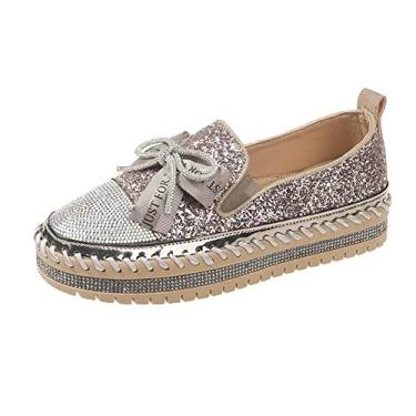 Imagem de SUGURETA Tênis feminino moderno de strass sem cadarço, casual, confortável, plataforma, tênis de caminhada, lindo laço com glitter, loafers brilhantes, B - Rosa, 38
