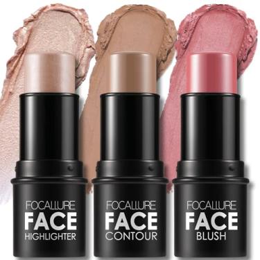 Imagem de FOCALLURE 3 palitos de contorno de creme, tons com blush bronzeador iluminador, caneta de contorno facial de longa duração não oleosa, fácil de esculpir o rosto e criar uma maquiagem de acabamento