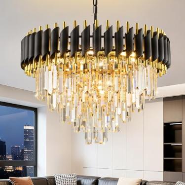 Imagem de YOLIZUOT Lustre moderno de cristal preto e dourado de 61 cm para sala de jantar, 10 luzes de cristal K9 de 5 andares lustres pendentes grandes lustres de luz de teto redondo de luxo para sala de estar