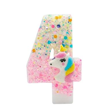 Imagem de Velas de aniversário de unicórnio número 7 – Topo de bolo de aniversário brilhante, vela rosa e dourada para decoração de festa de aniversário com tema de desenho animado (unicórnio, número 7)