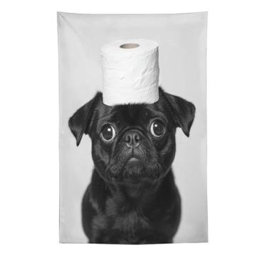 Imagem de Tapeçaria de chapéu de papel higiênico de cachorro Pug preto e branco impressão de arte para quarto sala de estar dormitório decoração de casa com design engraçado de pequeno animal de estimação