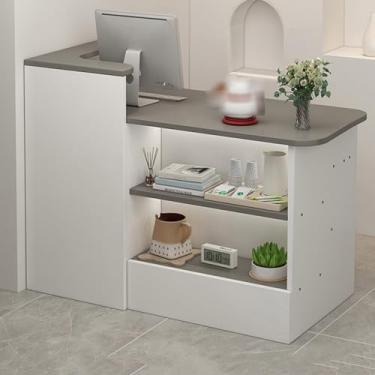 Imagem de Mesa de balcão de recepção, balcão moderno de caixa de varejo com gavetas, caixa em forma de L, recepção de madeira para loja de conveniência, hotel, salão de beleza