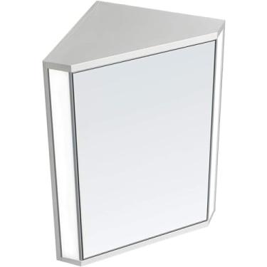 Imagem de Armário de remédios de canto de banheiro – Armário espelhado de parede prateado com armazenamento de prateleira tripla, organizador suspenso para cozinha, solução de armazenamento multiuso