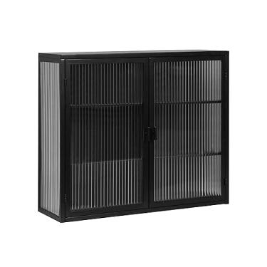 Imagem de Armário de parede de porta de vidro - Armazenamento de estilo retrô com prateleiras removíveis, prateleira aberta e toalheiro para escritório, sala de jantar, sala de estar, cozinha, banheiro