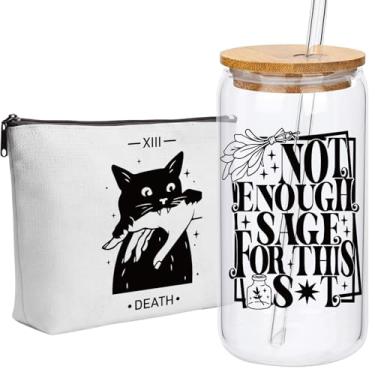 Imagem de TheClover Caneca gótica de tarô de gato preto - copo de vidro de sálvia insuficiente de 473 ml com tampa e conjunto de bolsa de maquiagem de palha, presentes de bruxa para mulheres, presentes de