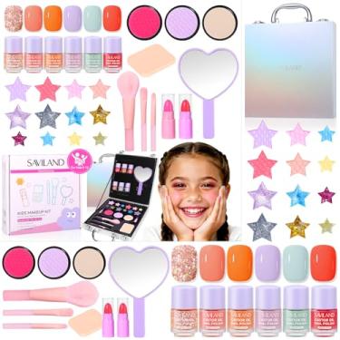 Imagem de SAVILAND Conjuntos de maquiagem infantil para meninas de 5 a 8 anos: Kit de maquiagem criativo multifuncional para crianças, verdadeiro, lavável, com estojo cosmético, esmalte, batom, blush, meninas