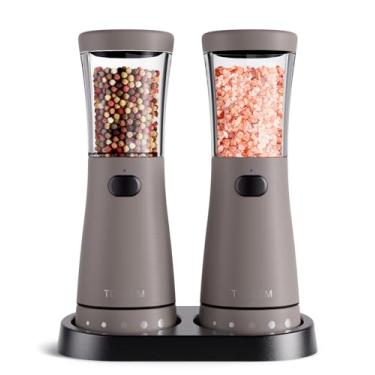 Imagem de Conjunto de moedor elétrico de sal e pimenta com base de armazenamento, conjunto de moedor de sal e pimenta recarregável de aço inoxidável com grande capacidade de 127 g, boca larga de 4,6 cm