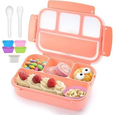 Imagem de Bento Box Rosa, lancheira 1300 ml para adultos e crianças com 4 compartimentos e palhetas de comida, copos de bolo, à prova de vazamento, seguro para micro-ondas/máquina de lavar louça/freezer (rosa)