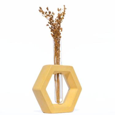 Imagem de Vaso Decorativo Solitário Hexa 16,5cm Artesanal Em Cimento Amarelo