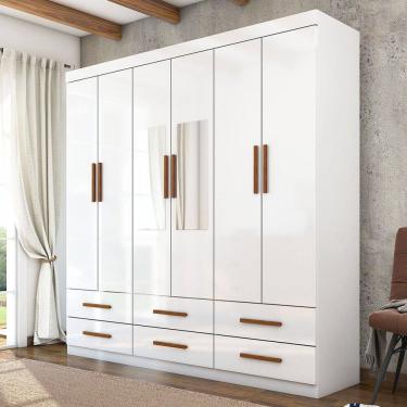 Imagem de Guarda-Roupa Solteiro Aria 6 Portas 6 Gavetas com Espelho Branco - Pnr Móveis