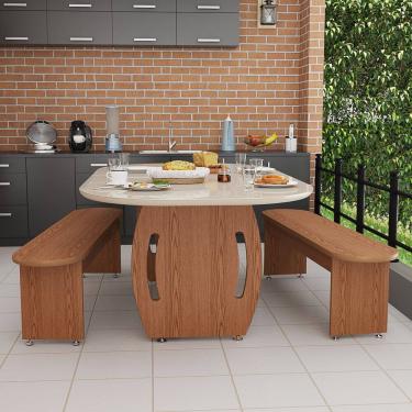 Imagem de Mesa de Jantar Oval em MDF com Bancos Integrados Design Moderno Base Robusta Acabamento Amadeirado