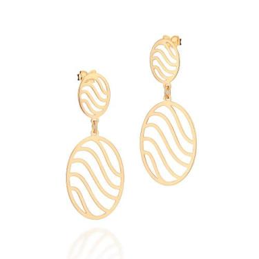 Imagem de Brinco Pêndulo Oval Com Ondas Banhado a Ouro Rommanel 527562 Cor:Doura