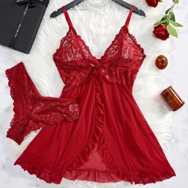 Imagem de Conjunto De Camisola De Renda Feminina Com Decote Em V, Pijamas Transp