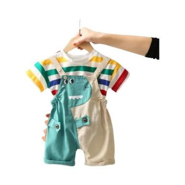 Imagem de Conjunto De Verão Para Meninos Com Macacão Listrado Colorido De Algodã