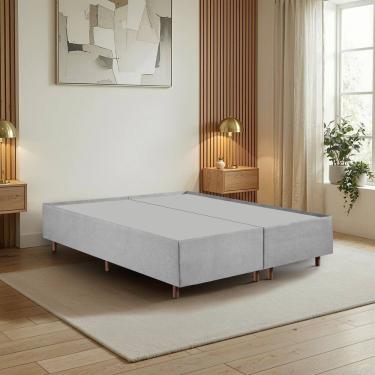 Imagem de Cama Box Queen em Madeira Eucalipto Base Resistente e Durável Santorini Realeza Espresso Móveis Linho Cinza