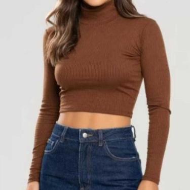 Imagem de Cropped Cacharrel Feminino Canelado Manga Longa Gola Alta Não Transpar
