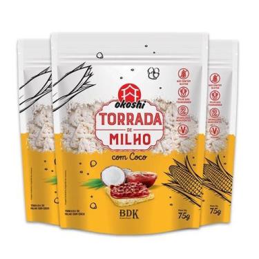 Imagem de Kit Torrada de Milho com Coco Sem Glúten, Vegano Okoshi - 3 pacotes de