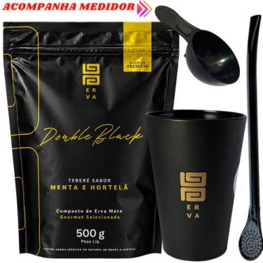Imagem de Kit Tereré Black Erva Mate 500g Copo Acrílico Caldereta Preto Bomba Cl