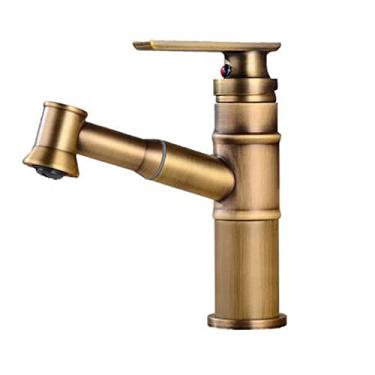 Imagem de Pkfinrd Torneira misturadora de bacia com spray de puxar em bronze de água quente e fria com orifício único para pia de banheiro