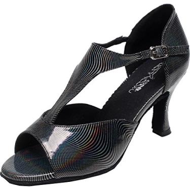Imagem de Salabobo QQQ-6199 sapato feminino para festa de casamento tango Peep Toe personalizado salto PU tira em T, Preto, 5 US(2.4IN)