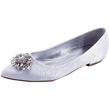 Imagem de Sapato feminino com strass cadarço bico fino sapatos sem salto para noivas, Branco, 8