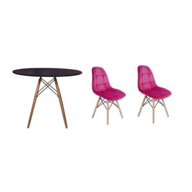 Imagem de Kit Mesa Jantar Eiffel 90cm Preta + 02 Cadeiras Botonê Veludo - Rosa -