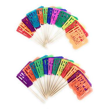 Imagem de Conjunto de 24 bandeiras multicoloridas de papel picado de papel mexicano, banderitas Fiesta, decorações de festa de feliz aniversário, topo de cupcake