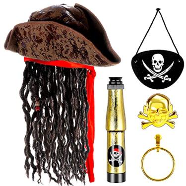 Imagem de Chapéu de pirata com Dreadlocks, tranças de cabelo, fantasia de pirata, acessórios de fantasia de pirata, acessório de fantasia de Halloween para baile de máscaras, conjunto de 5