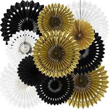 Imagem de Fãs de papel de colmeia para pendurar flores de papel de lenço de ouro preto decoração para fãs de casamento aniversário chá de bebê decoração de festa (9 pacotes)