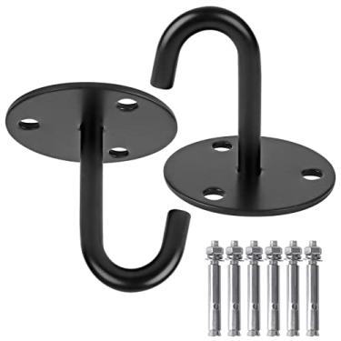 Imagem de 2 peças de ganchos de teto resistentes de aço inoxidável com parafusos de expansão, almofada de montagem na parede, placa de olho, gancho superior, ferragens para pendurar para rede de ioga, barco balançante, saco de areia, cesta de plantas (gancho grande tipo J)