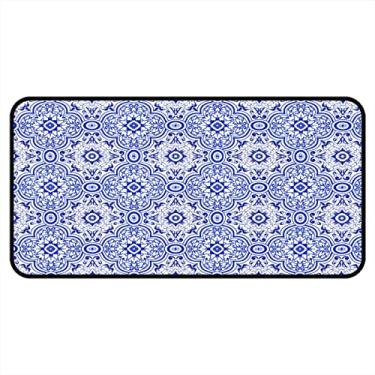 Imagem de Tapetes de cozinha Azulejo azul padrão geométrico de flores tapetes e tapetes antiderrapante tapete de cozinha tapetes de porta de entrada laváveis para chão de cozinha casa escritório pia lavanderia interior exterior 101,6 x 50,8 cm